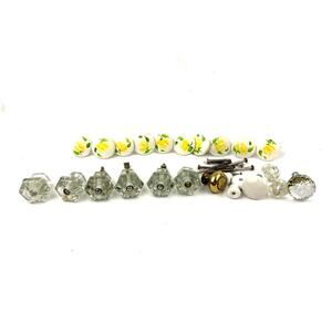 Vintage Lot of 20 Ceramic Glass Cabinet Pull Knobs Yellow Floral Clear Faceted